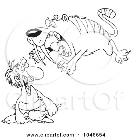 Royalty-Free (RF) Clip Art Illustration of a Cartoon Black And White Outline Design Of A Saber Tooth Tiger Attacking A Caveman by toonaday