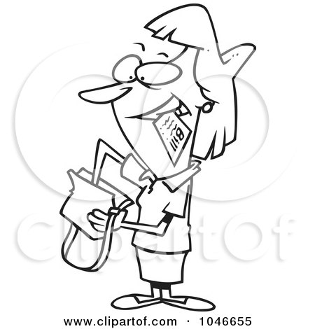 Royalty-Free (RF) Clip Art Illustration of a Cartoon Black And White Outline Design Of A Woman Diggin In Her Purse by toonaday