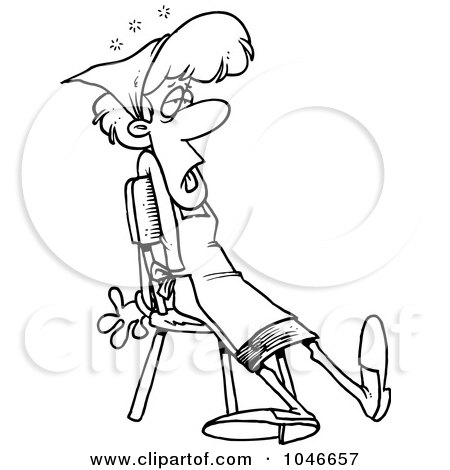 Royalty-Free (RF) Clip Art Illustration of a Cartoon Black And White Outline Design Of A Tired Maid Sitting In A Chair by toonaday