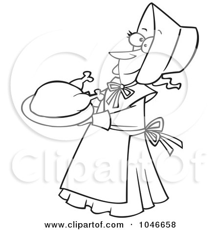 Royalty-Free (RF) Clip Art Illustration of a Cartoon Black And White Outline Design Of A Lady Pilgrim Serving A Turkey by toonaday