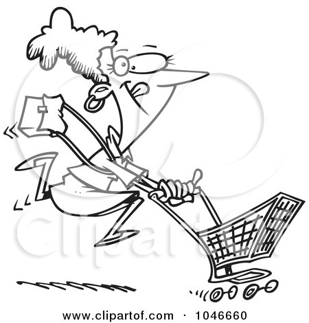 Royalty-Free (RF) Clip Art Illustration of a Cartoon Black And White Outline Design Of A Woman Power Shopping by toonaday