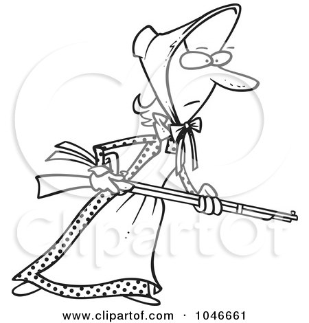 Royalty-Free (RF) Clip Art Illustration of a Cartoon Black And White Outline Design Of A Pioneer Woman Holding A Gun by toonaday