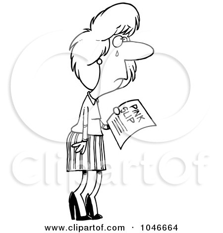 Royalty-Free (RF) Clip Art Illustration of a Cartoon Black And White Outline Design Of A Crying Businesswoman Holding A Pink Slip by toonaday