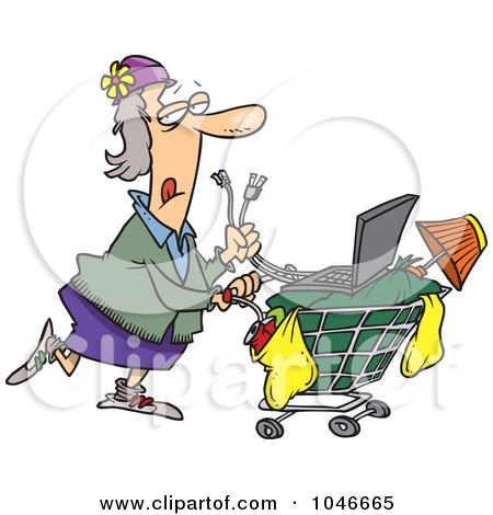 Royalty-Free (RF) Clip Art Illustration of a Cartoon Homeless Woman Pushing A Laptop On Her Cart by toonaday