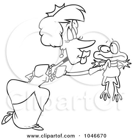 Royalty-Free (RF) Clip Art Illustration of a Cartoon Black And White Outline Design Of A Princess Kissing A Frog by toonaday