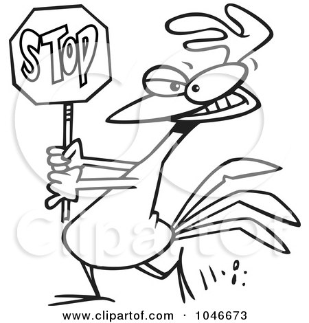 Royalty-Free (RF) Clip Art Illustration of a Cartoon Black And White Outline Design Of A Rooster Carrying A Stop Sign by toonaday