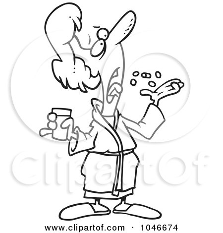 Royalty-Free (RF) Clip Art Illustration of a Cartoon Black And White Outline Design Of A Sick Woman Popping Pills by toonaday