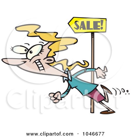 Royalty-Free (RF) Clip Art Illustration of a Cartoon Woman Following Sale Signs by toonaday