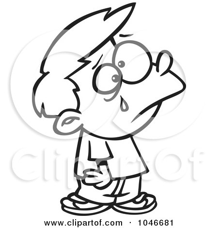 Royalty-Free (RF) Clip Art Illustration of a Cartoon Black And White Outline Design Of A Boy Crying by toonaday
