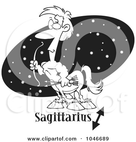 Royalty-Free (RF) Clip Art Illustration of a Cartoon Black And White Outline Design Of A Sagittarius Centaur Over A Black Oval by toonaday