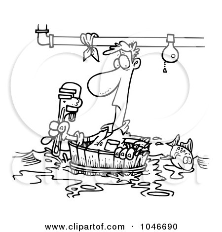 Royalty-Free (RF) Clip Art Illustration of a Cartoon Black And White Outline Design Of A Plumber Floating In A Barrel by toonaday