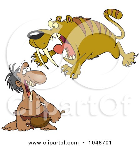 Royalty-Free (RF) Clip Art Illustration of a Cartoon Saber Tooth Tiger Attacking A Caveman by toonaday