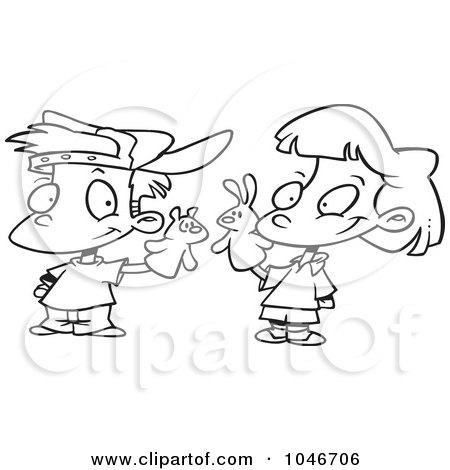 Royalty-Free (RF) Clip Art Illustration of a Cartoon Black And White Outline Design Of A Boy And Girl Playing With Puppets by toonaday