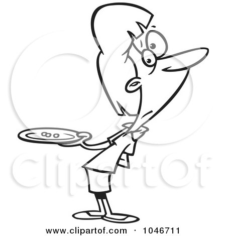 Royalty-Free (RF) Clip Art Illustration of a Cartoon Black And White Outline Design Of A Hungry Woman Holding A Plate With Three Peas by toonaday
