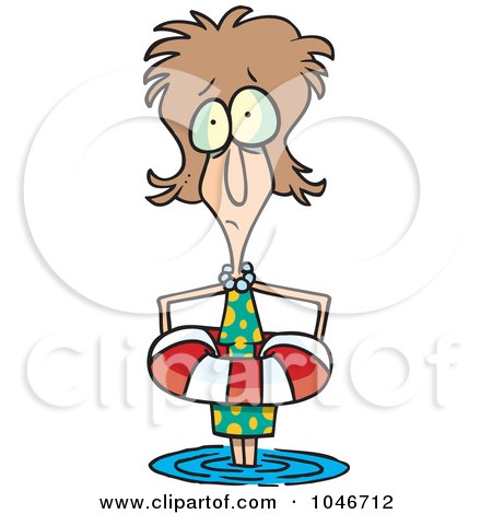 Royalty-Free (RF) Clip Art Illustration of a Cartoon Woman Standing In Shallow Water With A Life Buoy by toonaday
