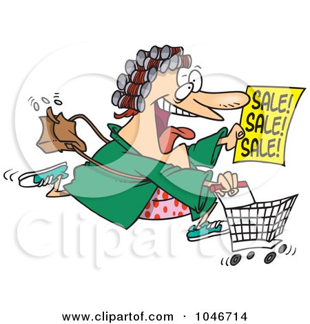Royalty-Free (RF) Clip Art Illustration of a Cartoon Woman In Her Robe And Curlers, Running To A Sale by toonaday