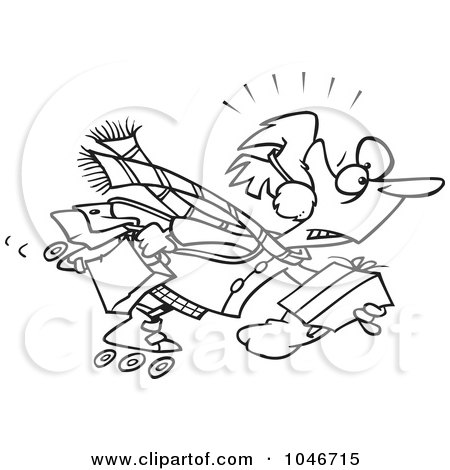 Royalty-Free (RF) Clip Art Illustration of a Cartoon Black And White Outline Design Of A Woman Power Shopping On Roller Blades by toonaday