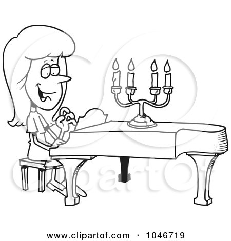 Royalty-Free (RF) Clip Art Illustration of a Cartoon Black And White Outline Design Of A Woman Playing A Piano by toonaday