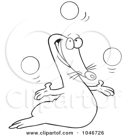 Royalty-Free (RF) Clip Art Illustration of a Cartoon Black And White Outline Design Of A Juggling Seal by toonaday