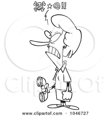 Royalty-Free (RF) Clip Art Illustration of a Cartoon Black And White Outline Design Of A Mad Woman Holding A Telephone by toonaday