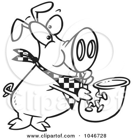 Royalty-Free (RF) Clip Art Illustration of a Cartoon Black And White Outline Design Of A Pig Playing A Saxophone by toonaday