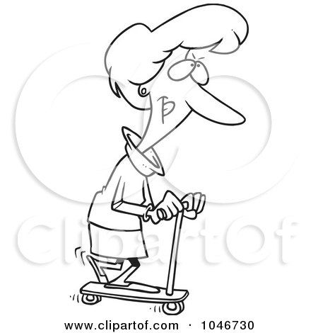 Royalty-Free (RF) Clip Art Illustration of a Cartoon Black And White Outline Design Of A Woman Riding A Scooter by toonaday
