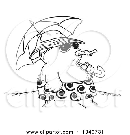 Royalty-Free (RF) Clip Art Illustration of a Cartoon Black And White Outline Design Of A Sandman On A Beach With An Umbrella by toonaday