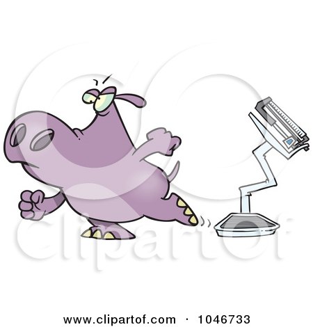 Royalty-Free (RF) Clip Art Illustration of a Cartoon Hippo Walking Away From A Broken Scale by toonaday