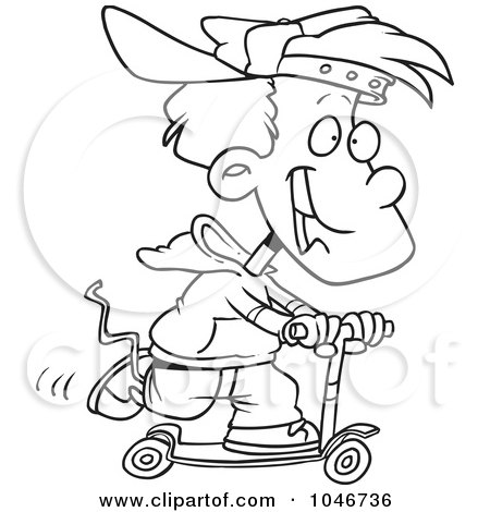 Royalty-Free (RF) Clip Art Illustration of a Cartoon Black And White Outline Design Of A Boy Riding A Scooter by toonaday