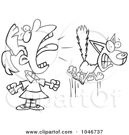 Royalty-Free (RF) Clip Art Illustration of a Cartoon Black And White Outline Design Of A Girl Screaming At A Cat by toonaday