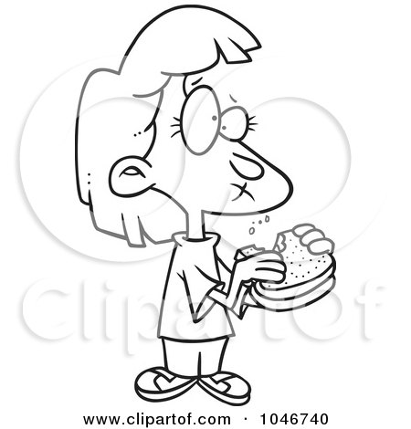 Royalty-Free (RF) Clip Art Illustration of a Cartoon Black And White Outline Design Of A Girl Eating A Sandwich by toonaday