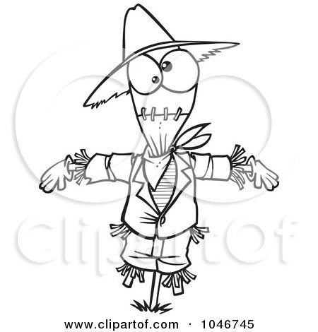 Royalty-Free (RF) Clip Art Illustration of a Cartoon Black And White Outline Design Of A Scarecrow by toonaday