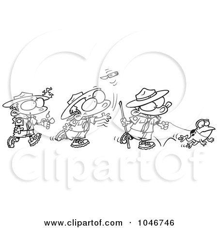 Royalty-Free (RF) Clip Art Illustration of a Cartoon Black And White Outline Design Of A Group Of Boy Scouts Outdoors by toonaday