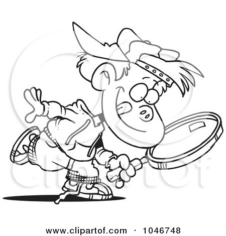 Royalty-Free (RF) Clip Art Illustration of a Cartoon Black And White Outline Design Of A Boy Seeking With A Magnifying Glass by toonaday