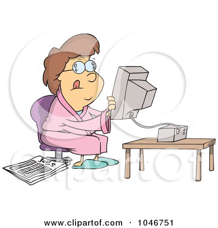 Royalty-Free (RF) Clip Art Illustration of a Cartoon Woman Holding A Computer Monitor And Searching by toonaday