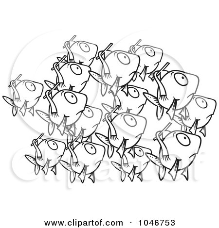 Royalty-Free (RF) Clip Art Illustration of a Cartoon Black And White Outline Design Of A School Of Fish by toonaday