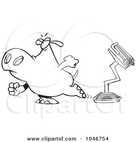 Royalty-Free (RF) Clip Art Illustration of a Cartoon Black And White Outline Design Of A Hippo Walking Away From A Broken Scale by toonaday