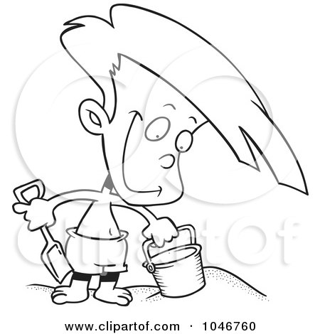 Royalty-Free (RF) Clip Art Illustration of a Cartoon Black And White Outline Design Of A Boy Playing In The Sand by toonaday