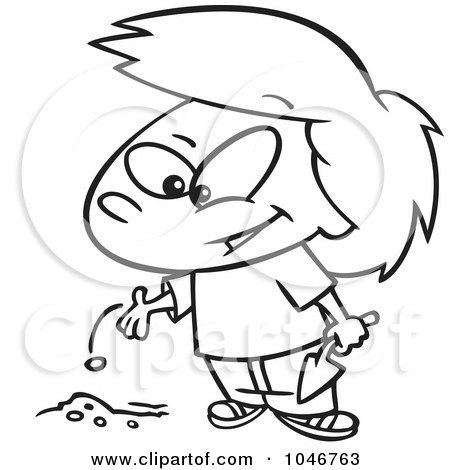Royalty-Free (RF) Clip Art Illustration of a Cartoon Black And White Outline Design Of A Girl Planting A Seed by toonaday