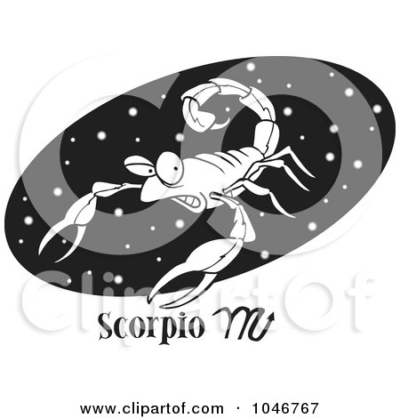 Royalty-Free (RF) Clip Art Illustration of a Cartoon Black And White Outline Design Of A Scorpio Scorpion Over A Black Oval by toonaday