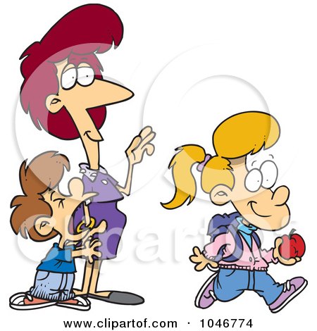 Royalty-Free (RF) Clip Art Illustration of a Cartoon Boy Crying On His Sister's First Day Of School by toonaday