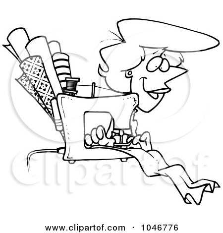 Royalty-Free (RF) Clip Art Illustration of a Cartoon Black And White Outline Design Of A Seamstress Sewing by toonaday