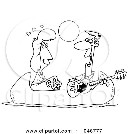Royalty-Free (RF) Clip Art Illustration of a Cartoon Black And White Outline Design Of A Couple On A Romantic Date In A Canoe by toonaday