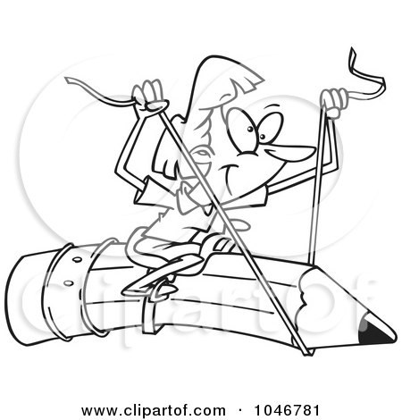 Royalty-Free (RF) Clip Art Illustration of a Cartoon Black And White Outline Design Of A Businesswoman Riding A Pencil by toonaday