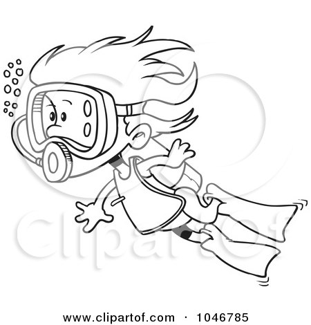 Royalty-Free (RF) Clip Art Illustration of a Cartoon Black And White Outline Design Of A Scuba Girl Swimming by toonaday