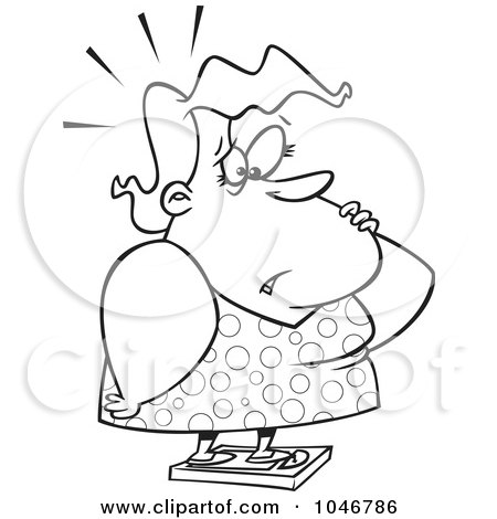 Royalty-Free (RF) Clip Art Illustration of a Cartoon Black And White Outline Design Of A Worried Woman Standing On A Scale by toonaday