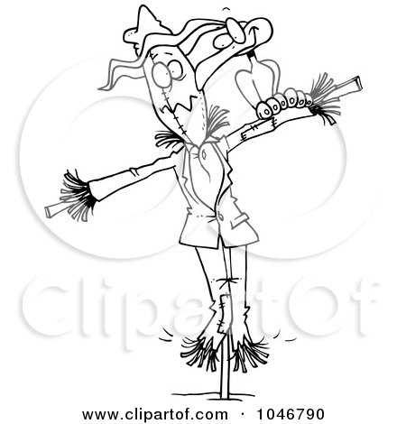 Royalty-Free (RF) Clip Art Illustration of a Cartoon Black And White Outline Design Of A Crow On A Scarecrow by toonaday