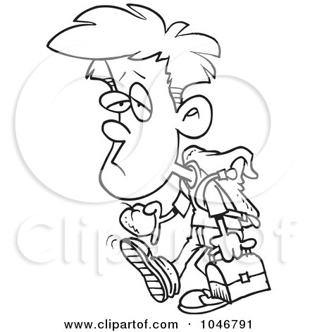 Royalty-Free (RF) Clip Art Illustration of a Cartoon Black And White Outline Design Of A Depressed School Boy Holding An Apple by toonaday