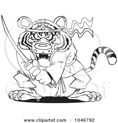 Royalty-Free (RF) Clip Art Illustration of a Cartoon Black And White Outline Design Of A Samurai Tiger With A Sword by toonaday