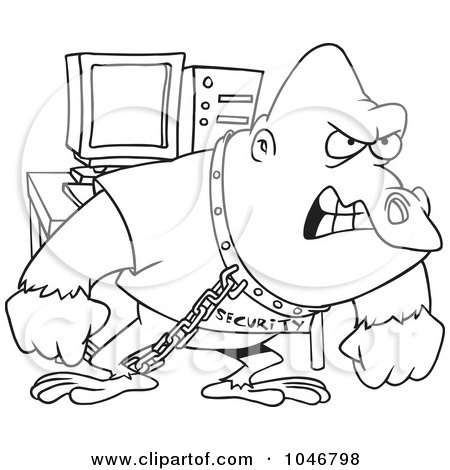 Royalty-Free (RF) Clip Art Illustration of a Cartoon Black And White Outline Design Of A Computer Security Gorilla by toonaday